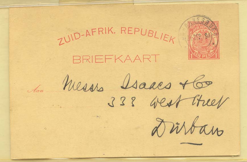 Sout Africa Transvaal #1 used in 1894 to Durban (entier postal stationary afrique du sud)