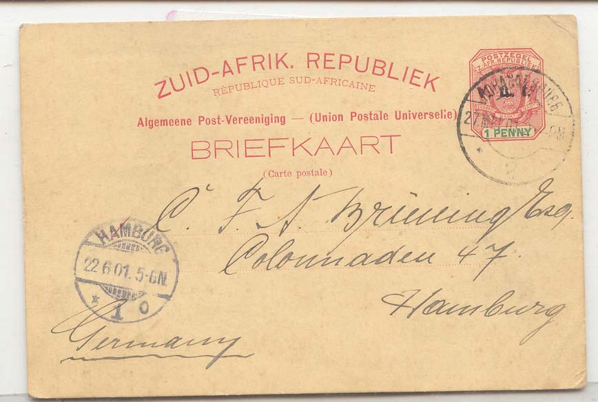 Sout Africa Transvaal Postal card #10 used to Germany (entier postal stationary afrique du sud)