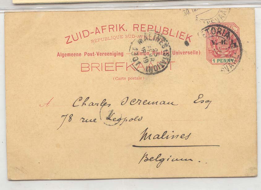 Sout Africa Transvaal Postal Card #10 usd to Belgium (entier postal stationary afrique du sud)