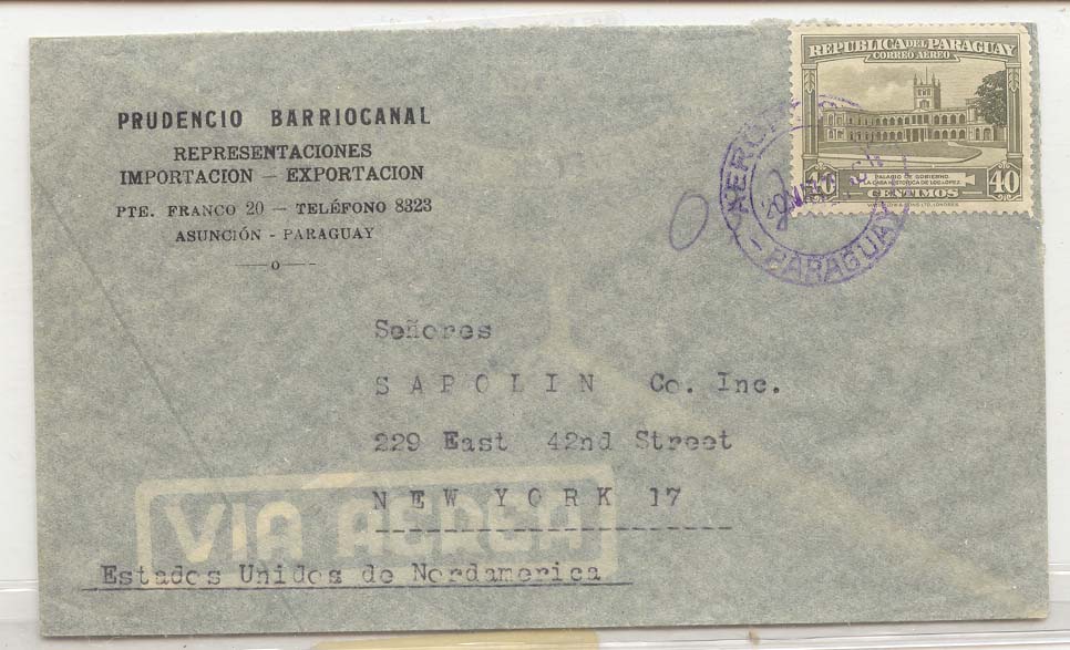 Paraguay solo use to US air mail (lettre cover)
