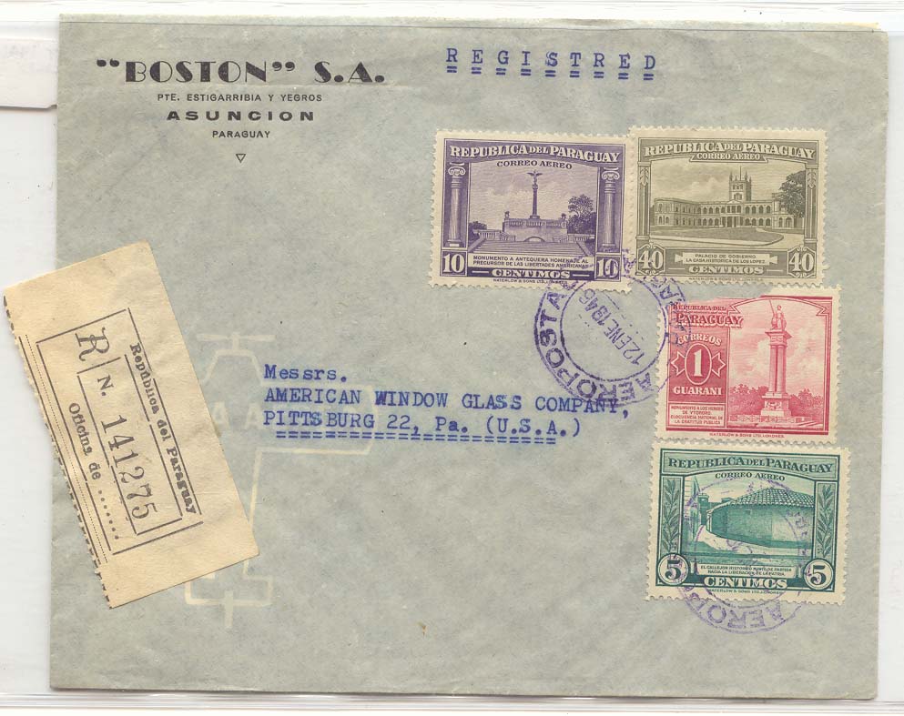Paraguay 1946 registered mail to US (lettre cover)