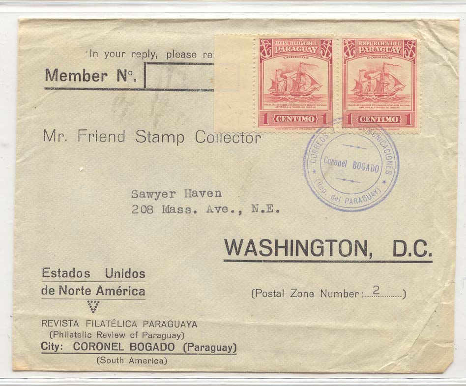 Paraguay 1940's stamp Cancel CORoNEL BOGAdO to US (lettre cover)