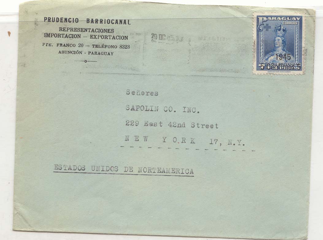 Paraguay 1945 surcharge to US (lettre cover)