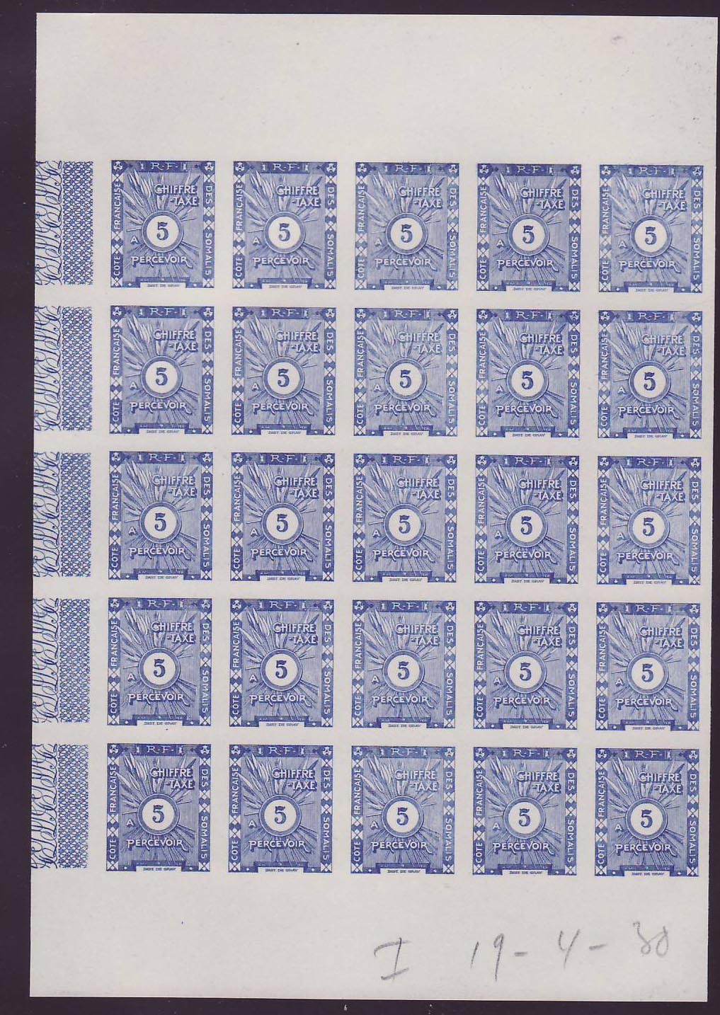 Cote des Somalis Feuillet de 25 Timbre Taxe 5c