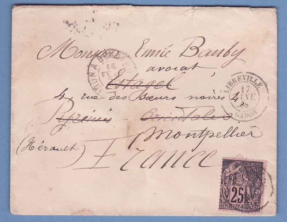 Lettre Rare Colonie Generale 25c Libreville 1888 pour Montpellier Rare