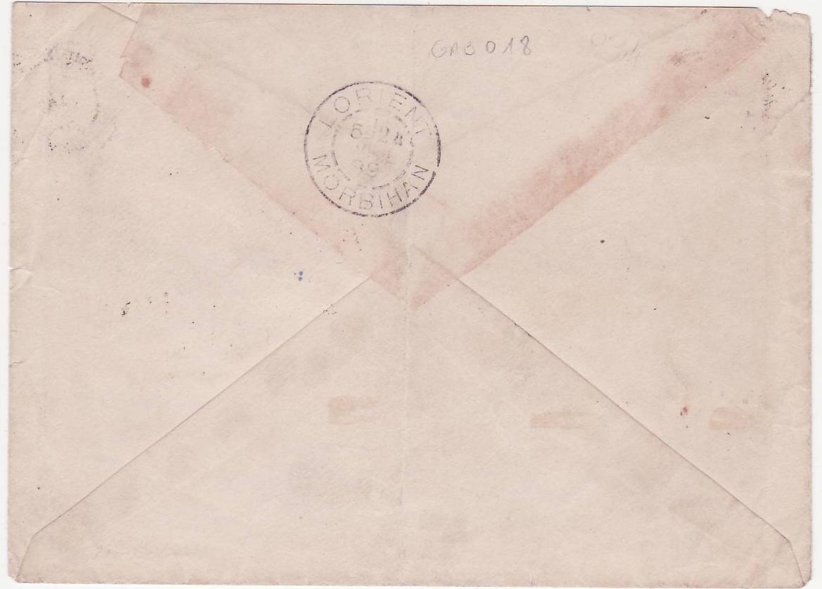 Lettre Gabon n°8 25c 22 mars 1889 pour Lorient Morbihan Rare — Back