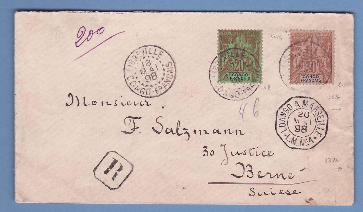 Lettre Congo 20c + 30c Libreville 18 Mai 1898 pour Berne Suisse Rare