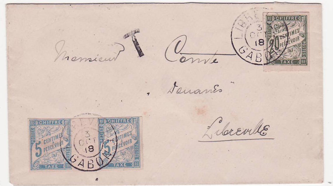 Lettre Taxee Gabon Libreville 3 oct 1918 Rare pour Libreville