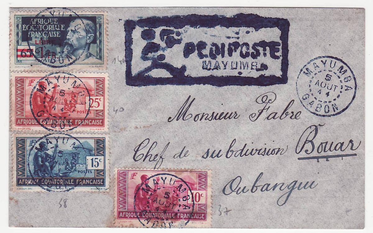 Lettre Afrique Equatoriale Francaise Pediposte Mayumba Gabon RARE 5 Aout 1944 pour Oubangui Poste a Pied