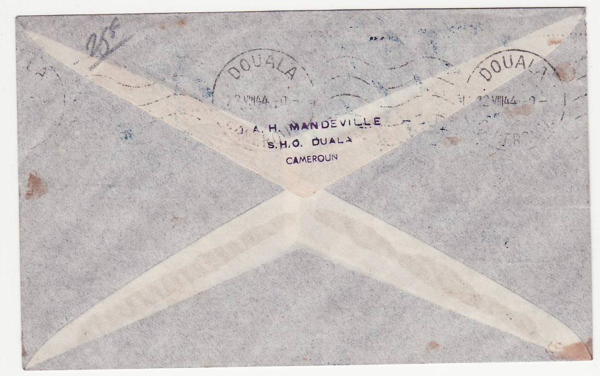 Lettre Afrique Equatoriale Francaise Pediposte Mayumba Gabon RARE 5 Aout 1944 pour Oubangui Poste a Pied — Rückseite
