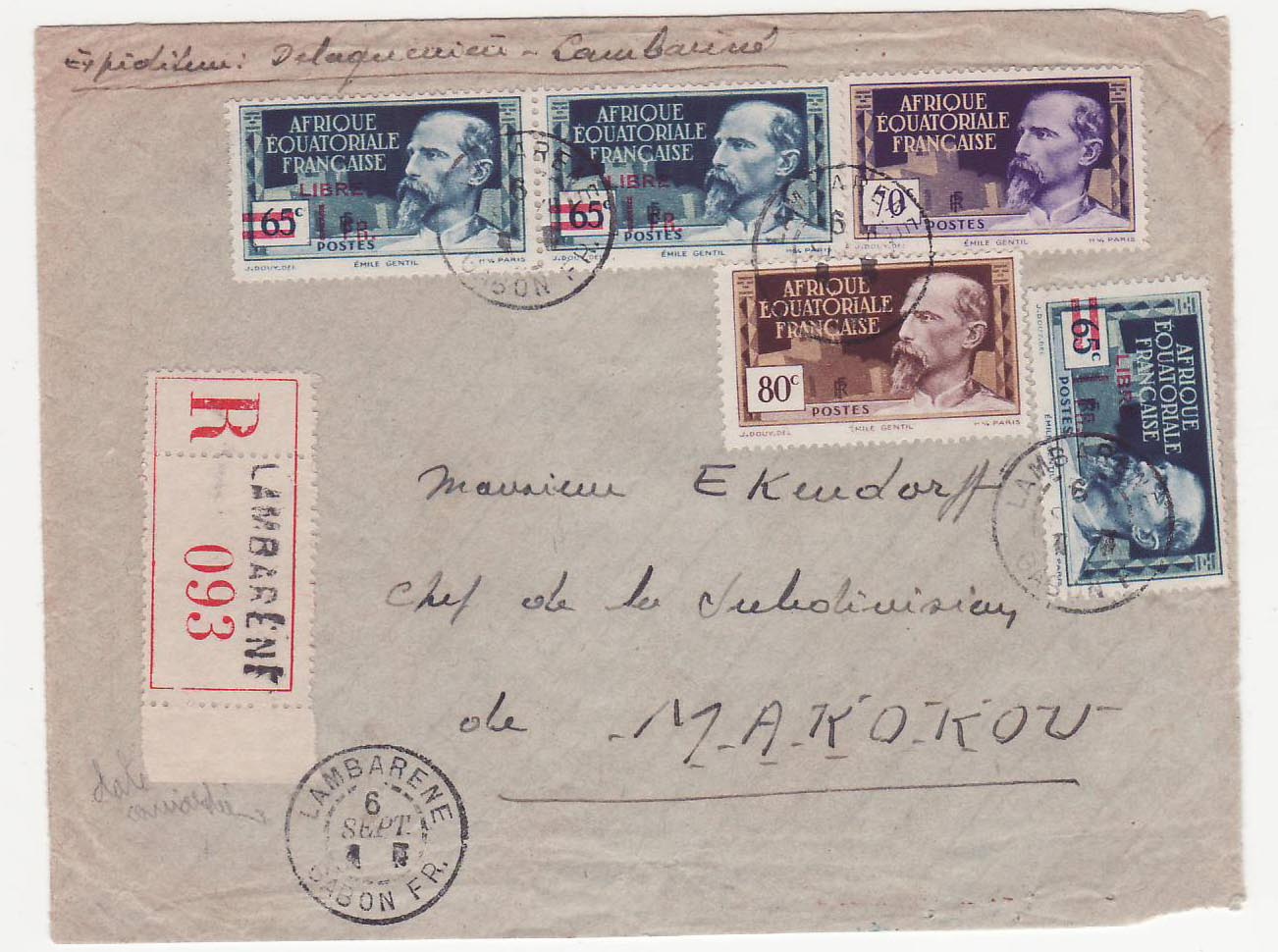 Lettre Afrique Equatoriale Francaise Lambarene Cachet caviarde pour Makokou
