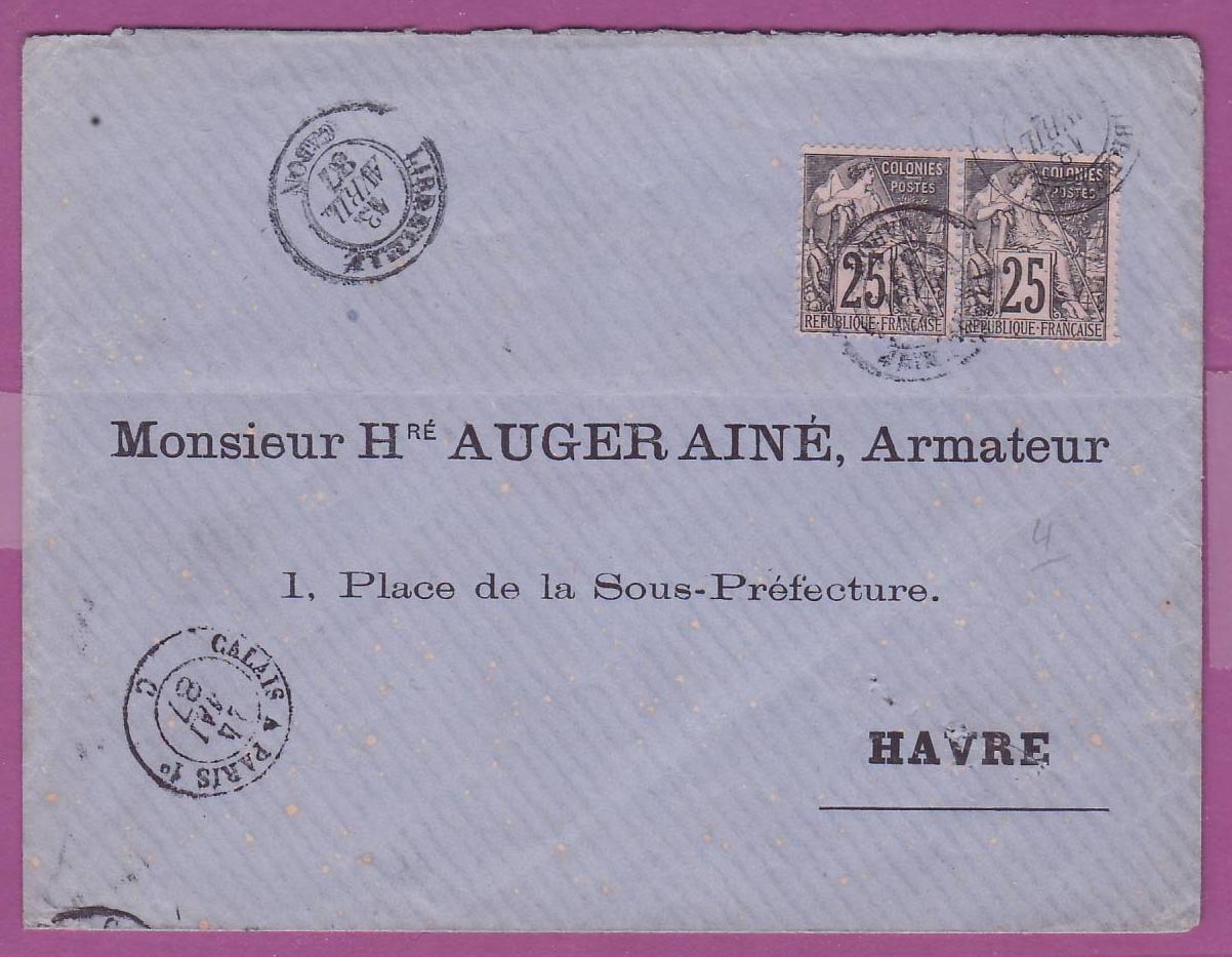 Lettre Cover Gabon Colonies Generales 2 * 25c Libreville 13 avril 1887 pou Auger Aine Place de la Sous Prefecture Le Hav