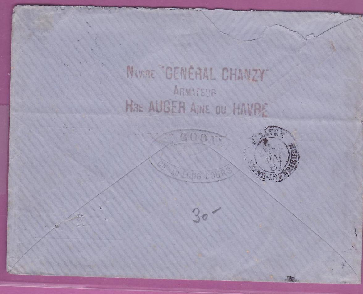 Lettre Cover Gabon Colonies Generales 2 * 25c Libreville 13 avril 1887 pou Auger Aine Place de la Sous Prefecture Le Hav — Rückseite
