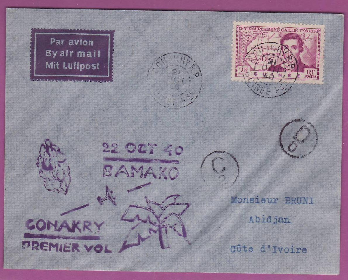 Lettre Cover Guinee 1er vol 1st Flight Conakry Bamako 21 oct 1940 Abidjan Cote d'Ivoire