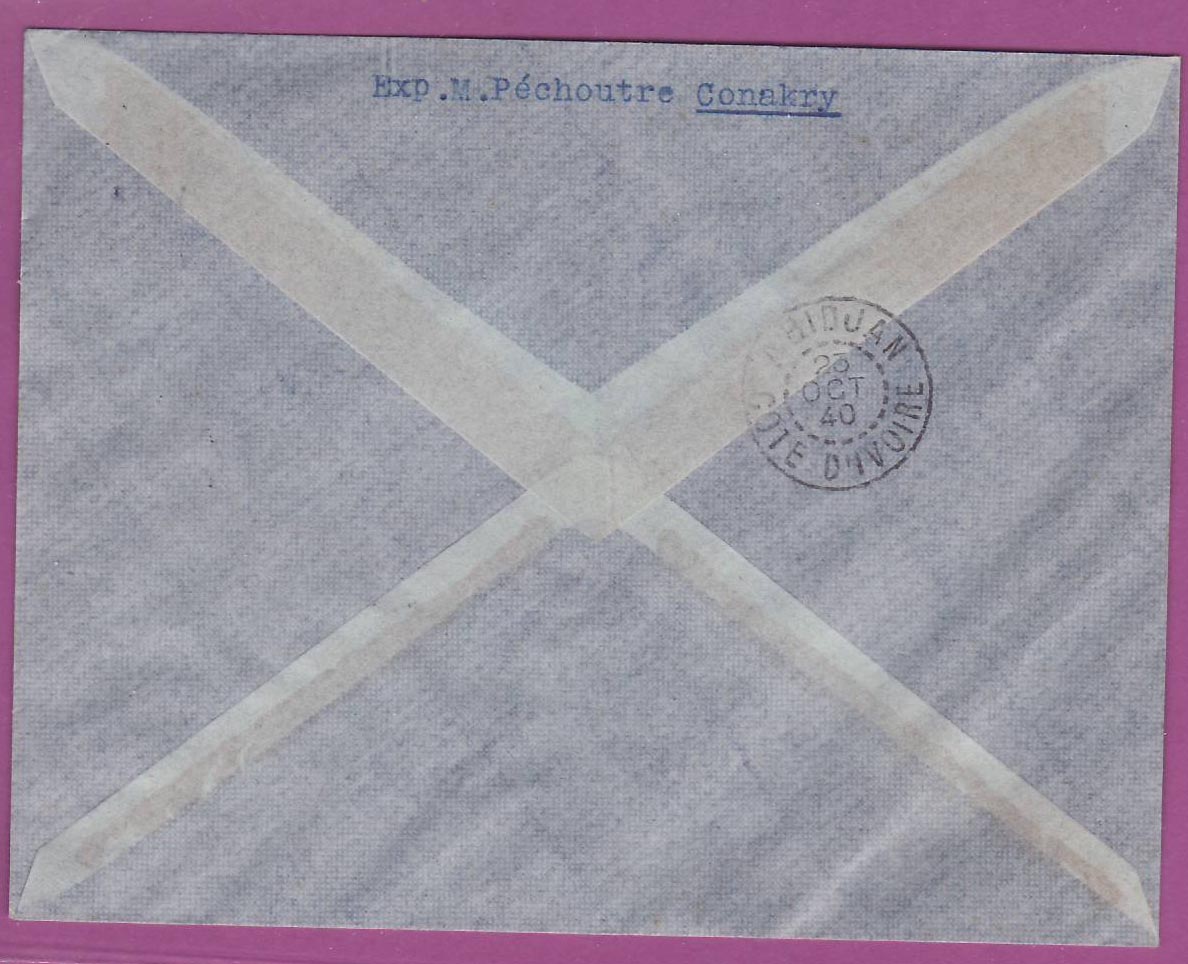 Lettre Cover Guinee 1er vol 1st Flight Conakry Bamako 21 oct 1940 Abidjan Cote d'Ivoire — Rückseite
