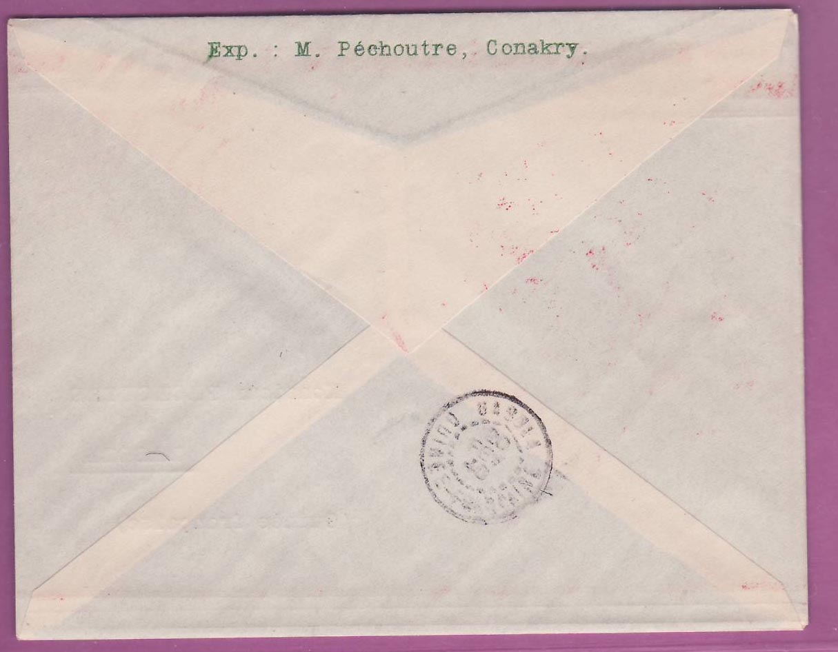 Lettre Cover Guinee 1er vol 1st Flight Conakry Kankan 19 Fev 1940 pour Dabola  — Rückseite