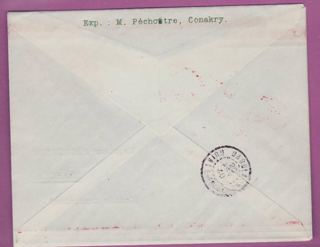 Lettre Cover Guinee 1er vol 1st Flight Conakry Kankan 19 Fev 1940 pour Dabola  — Rückseite