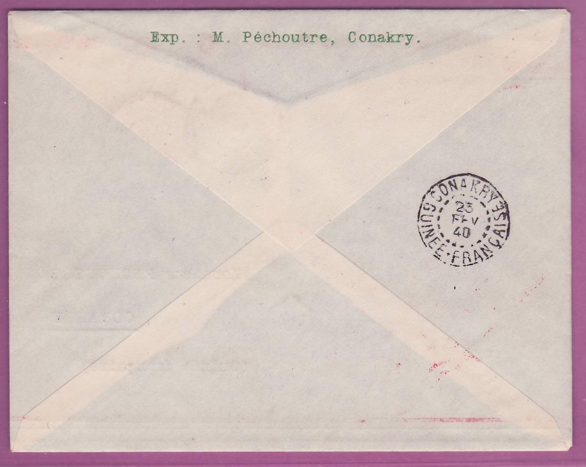 Lettre Cover Guinee 1er vol 1st Flight Conakry Kankan 20 Fev 1940 pour pour Conakry — Rückseite