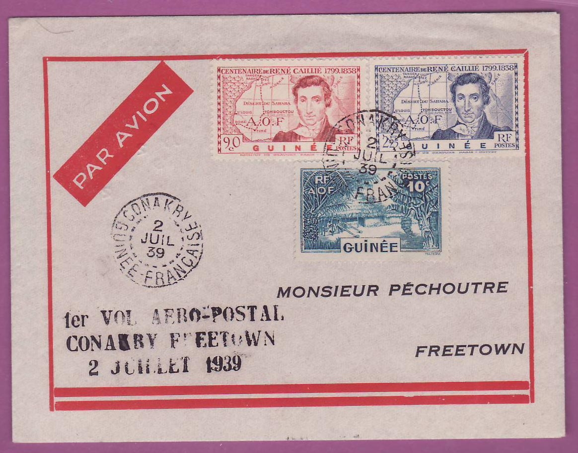 Lettre Cover Guinee 1er vol 1st Flight Conakry Free Town Sierra Leone 2 Juil 1939 