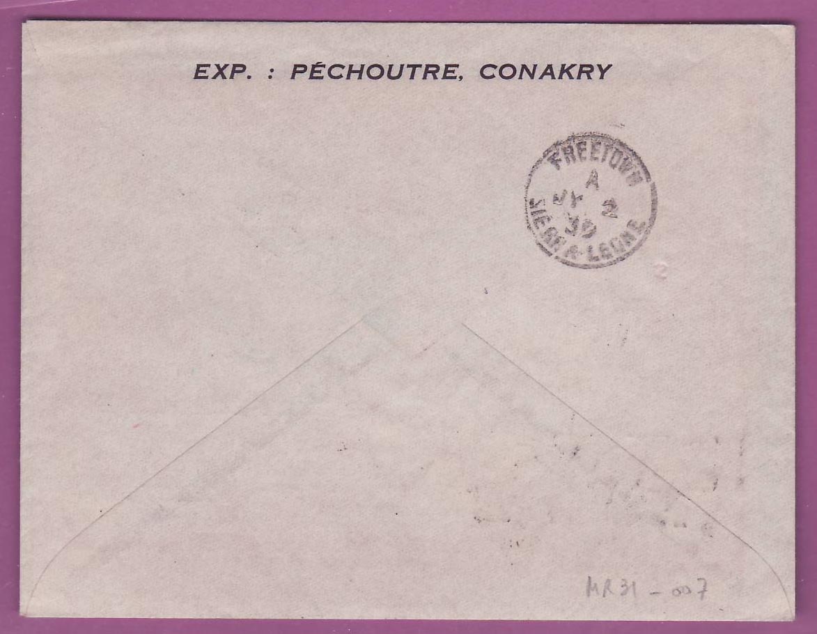 Lettre Cover Guinee 1er vol 1st Flight Conakry Free Town Sierra Leone 2 Juil 1939  — Rückseite