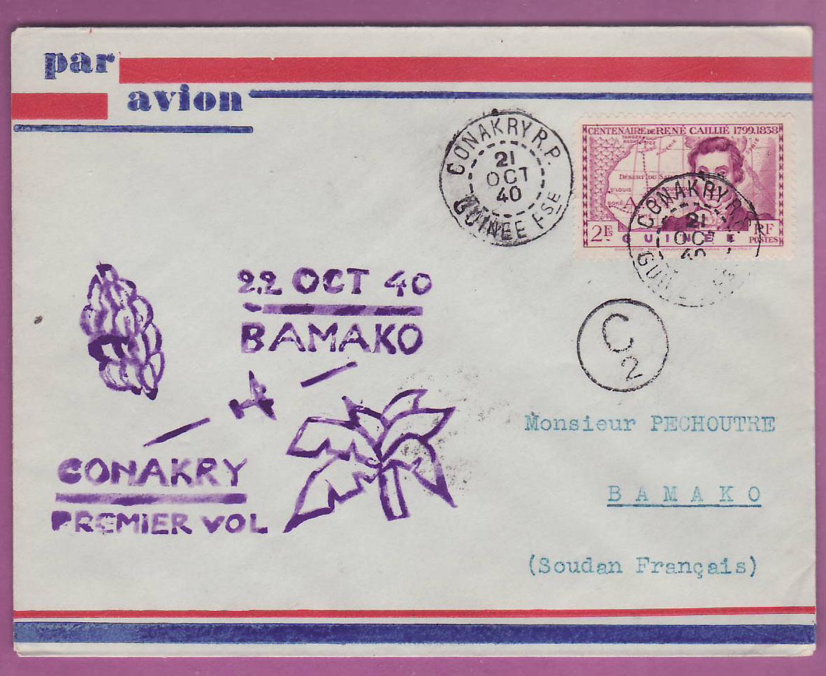 Lettre Cover Guinee 1er vol 1st Flight Conakry Bamako 21 oct 1940 Bamako Soudan