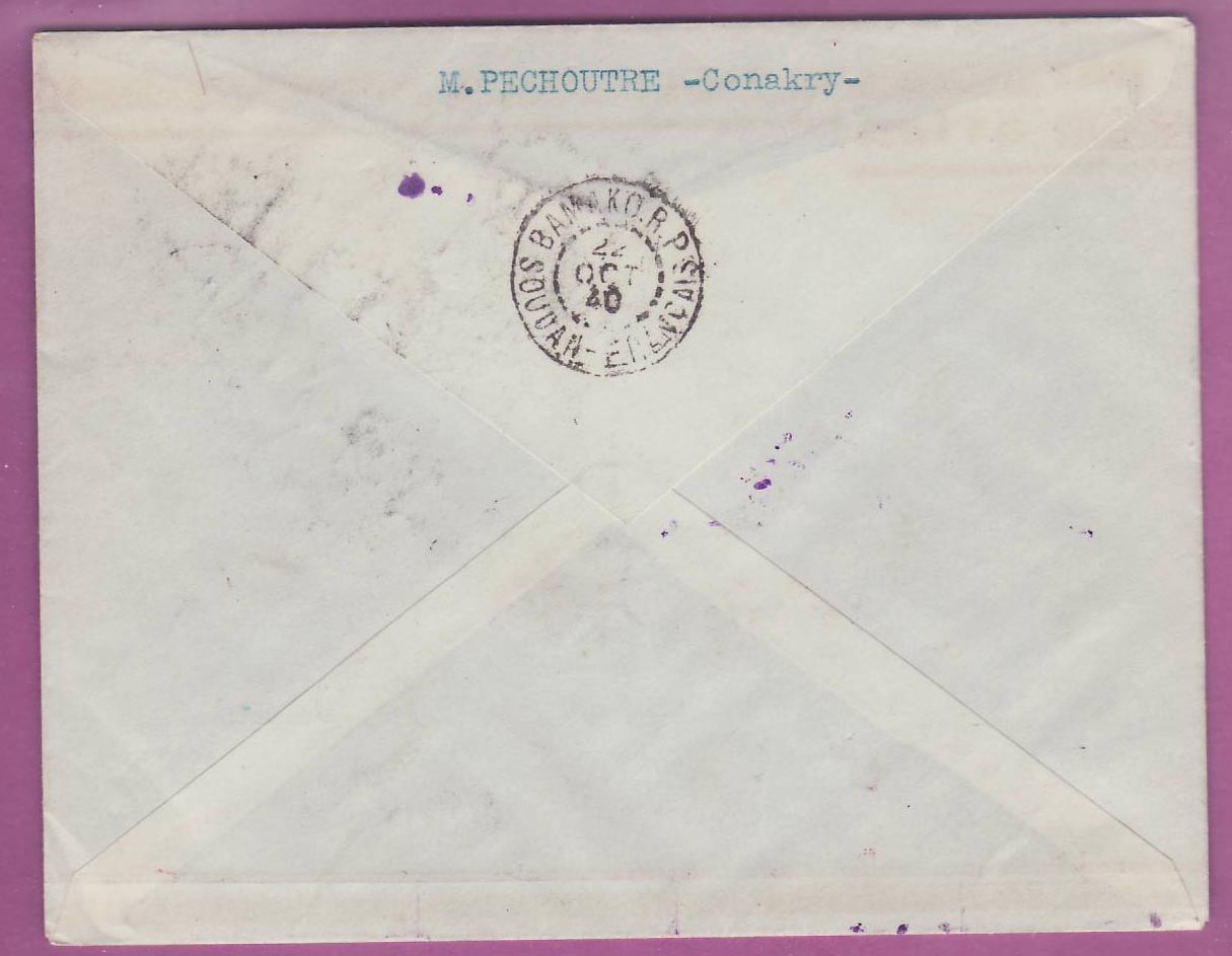 Lettre Cover Guinee 1er vol 1st Flight Conakry Bamako 21 oct 1940 Bamako Soudan — Rückseite