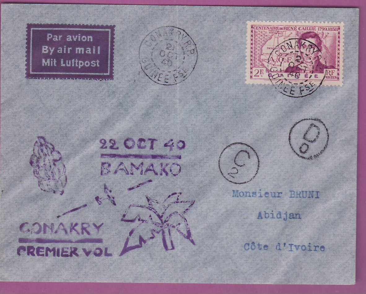 Lettre Cover Guinee 1er vol 1st Flight Conakry Bamako 21 oct 1940 Conakry Abidjan Cote d'Ivoire