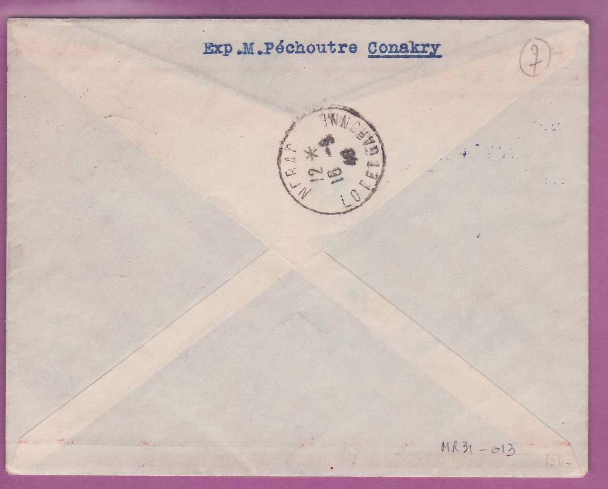 Lettre Cover Guinee 1er vol 1st Flight Conakry Kayes St Louis 10 sept 1940 pour Nerac — Rückseite