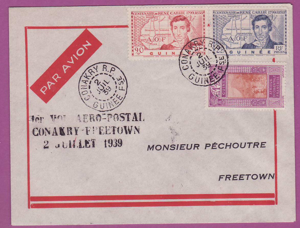 Lettre Cover Guinee 1er vol 1st Flight Conakry Free Town Sierra Leone 2 Juil 1939 