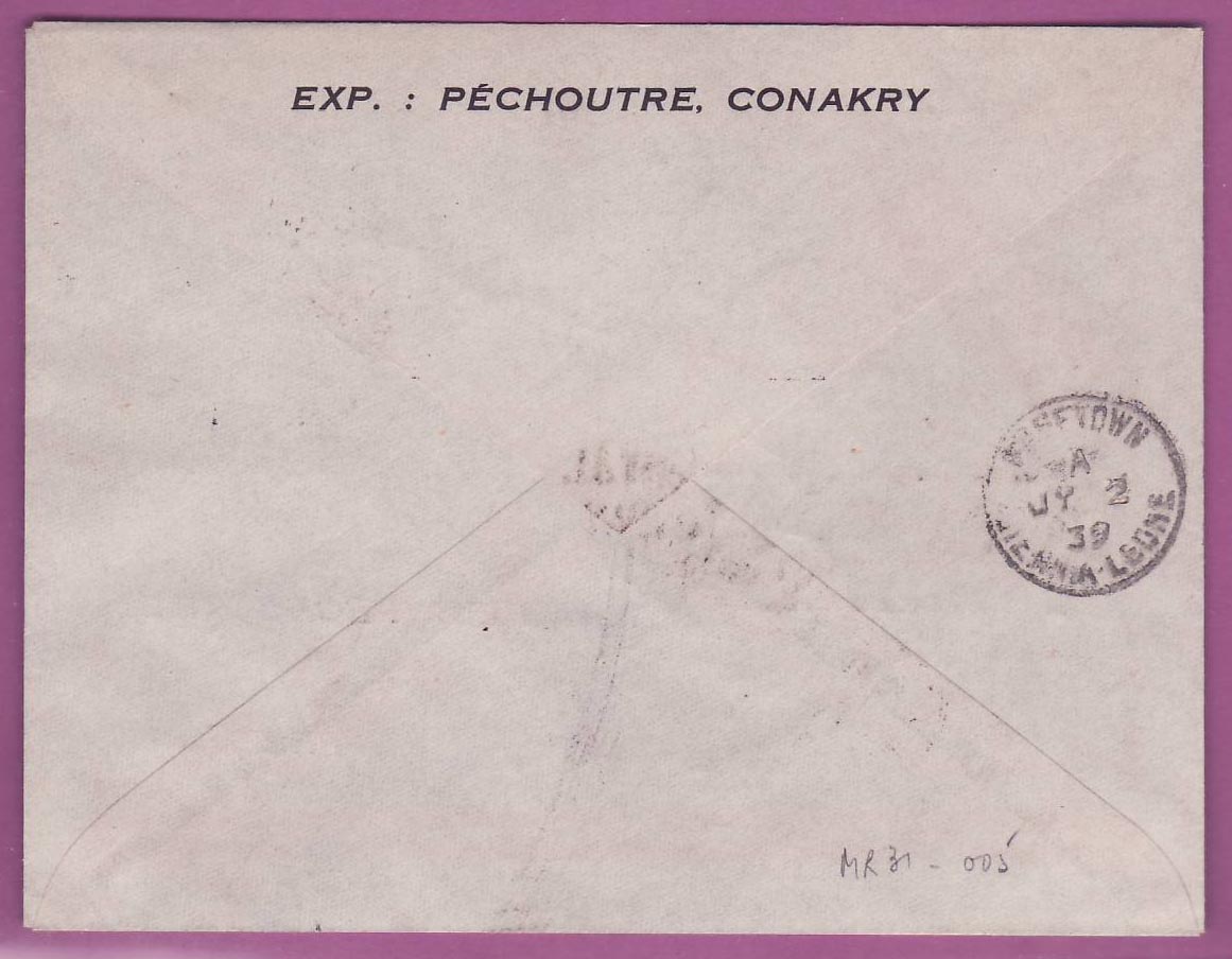 Lettre Cover Guinee 1er vol 1st Flight Conakry Free Town Sierra Leone 2 Juil 1939  — Rückseite
