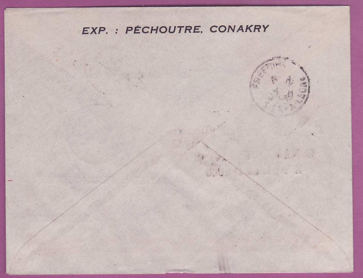Lettre Cover Guinee 1er vol 1st Flight Conakry Free Town Sierra Leone 2 Juil 1939  — Rückseite