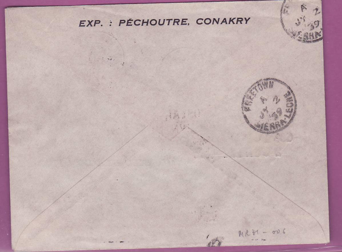 Lettre Cover Guinee 1er vol 1st Flight Conakry Free Town Sierra Leone 2 Juil 1939  — Rückseite