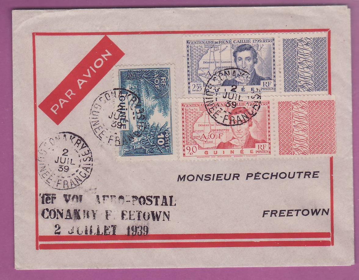 Lettre Cover Guinee 1er vol 1st Flight Conakry Free Town Sierra Leone 2 Juil 1939 