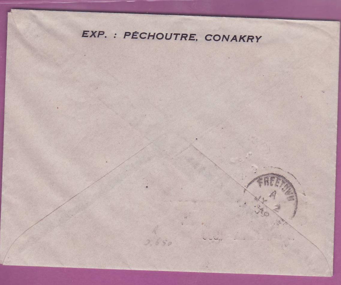 Lettre Cover Guinee 1er vol 1st Flight Conakry Free Town Sierra Leone 2 Juil 1939  — Rückseite