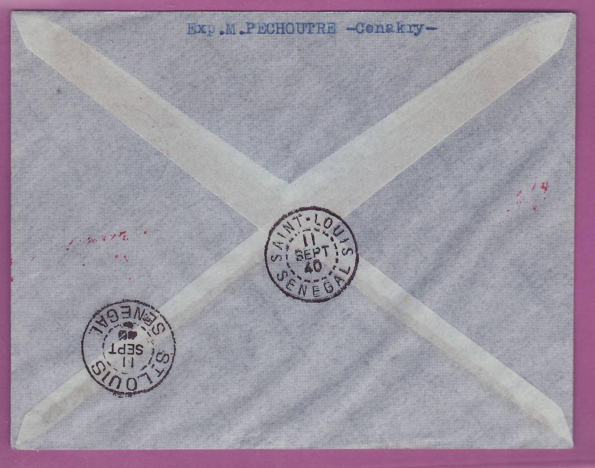 Lettre Cover Guinee 1er vol 1st Flight Conakry Kayes St Louis 10 sept 1940 pour Saint Louis Senegal — Rückseite