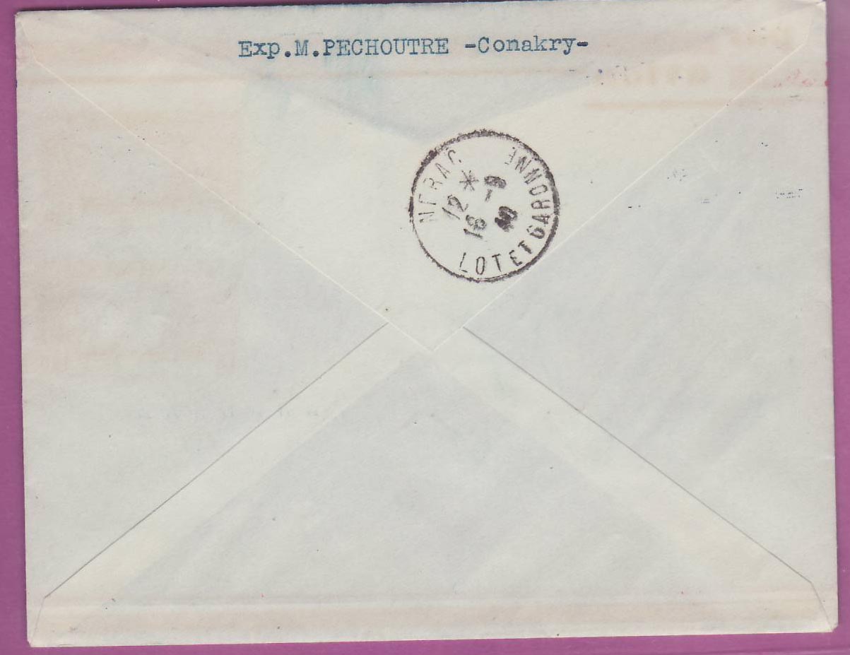 Lettre Cover Guinee 1er vol 1st Flight Conakry Kayes St Louis 10 sept 1940 pour Nerac — Rückseite