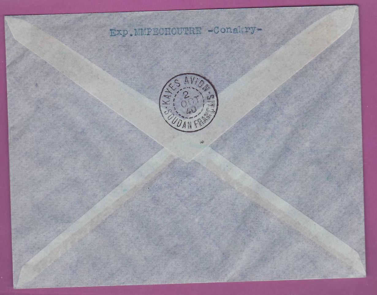 Lettre Cover Guinee 1er vol 1st Flight Conakry Kayes 1 oct 1940 Soudan — Verso