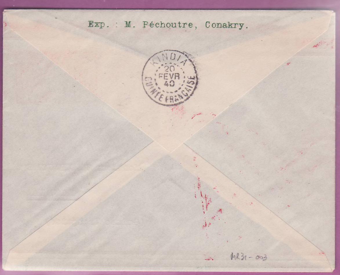 Lettre Cover Guinee 1er vol 1st Flight Conakry Kankan 19 Fev 1940 pour Kindia — Rückseite