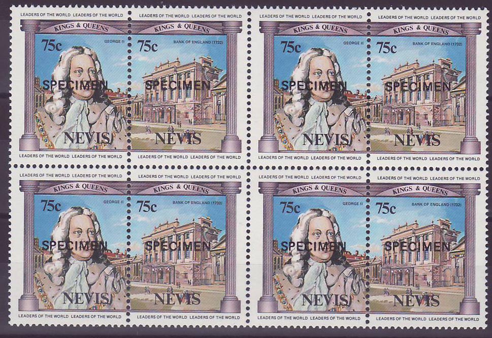 Nevis 75c George II Bank of England Surcharge SPECIMEN ** Luxe Bloc de 4