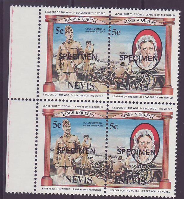 Nevis 5c Queen Victoria Surcharge Specimen ** Luxe Bloc de 4