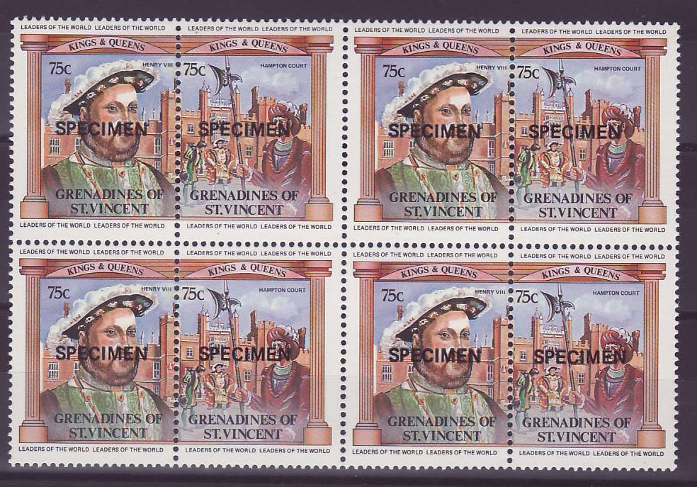 Grenadines of St Vincent 75c Henry VIII Hampton Court ** Luxe Surcharge SPECIMEN Bloc de 4