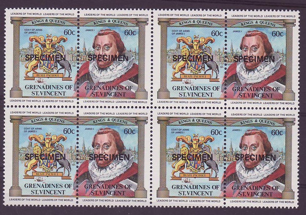 Grenadines of St Vincent 60c James I Coat of Arms Lion Licorne ** Luxe Surcharge SPECIMEN  Bloc de 4