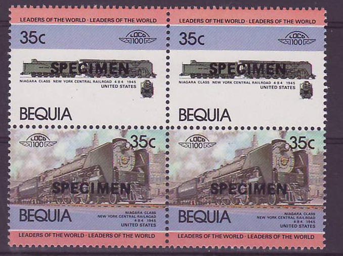 Bequia 35c Train Niagara Class New York Centra Railroad ** Luxe Surcharge Specimen Bloc de 4