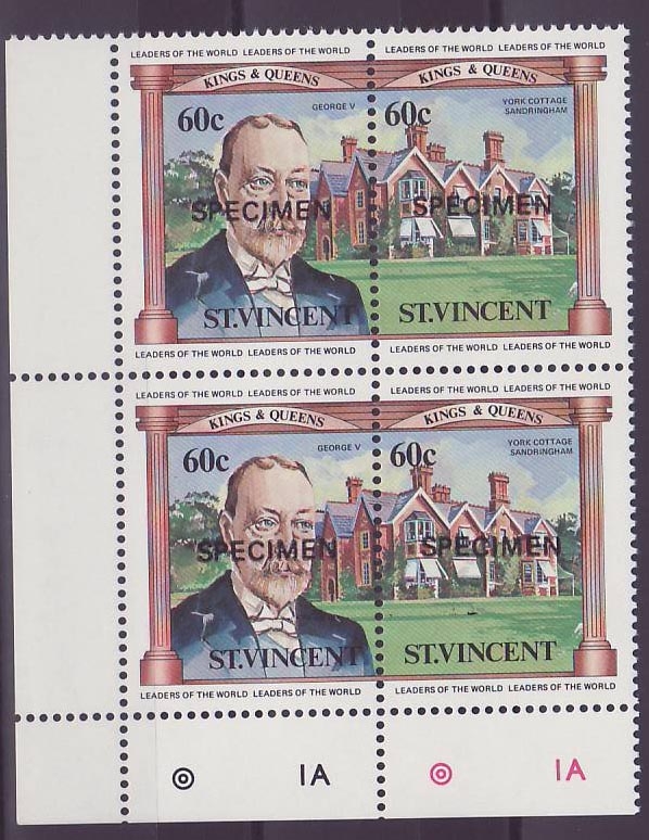St Vincent 60c George V Sandrigham Bloc de 4 with imprint margin Surcharge SPECIMEN ** Luxe