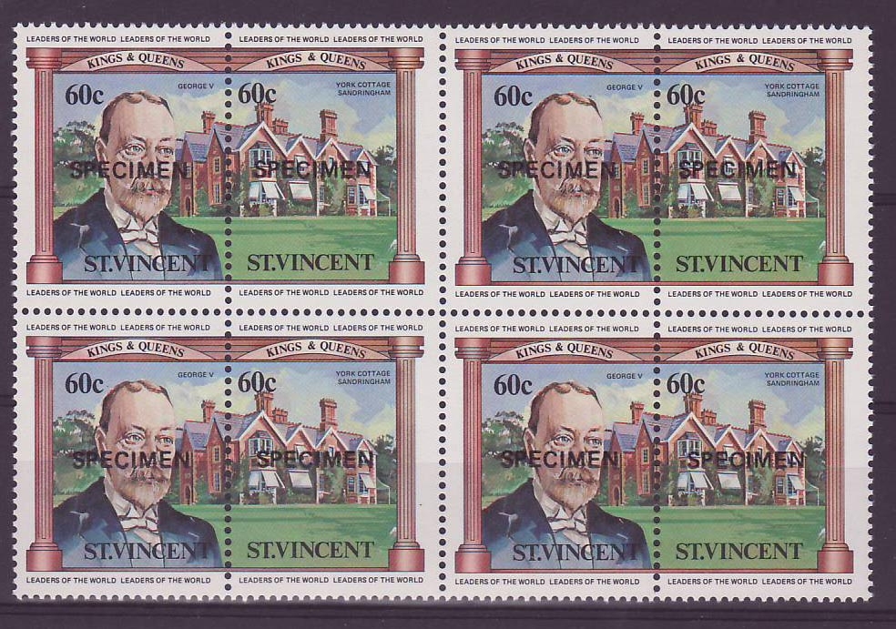 St Vincent 60c George V Sandrigham Bloc de 4 Surcharge SPECIMEN ** Luxe