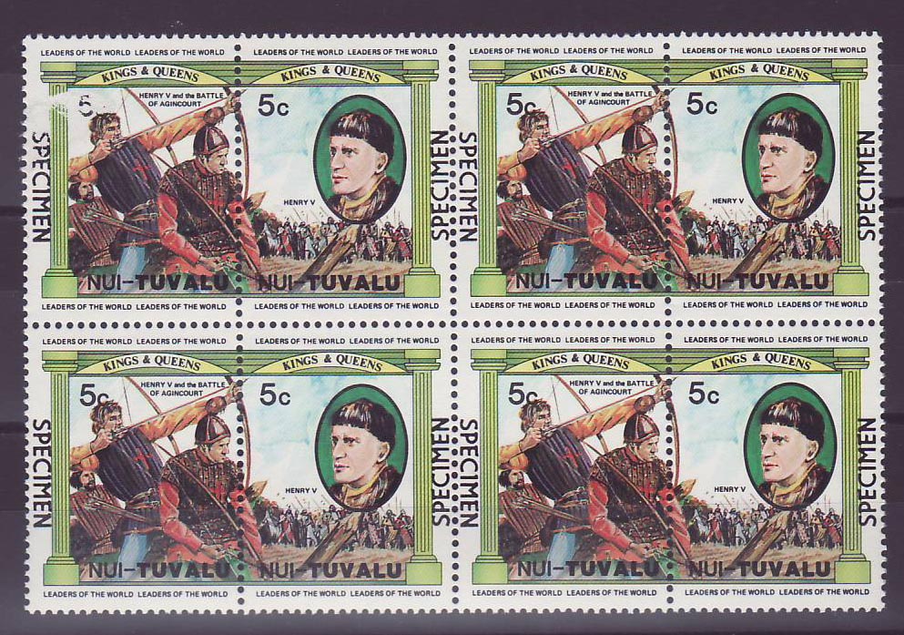 Nui Tuvalu 5c Henry V Bataille de Agincourt ** Luxe Surcharge Specimen Bloc de 4