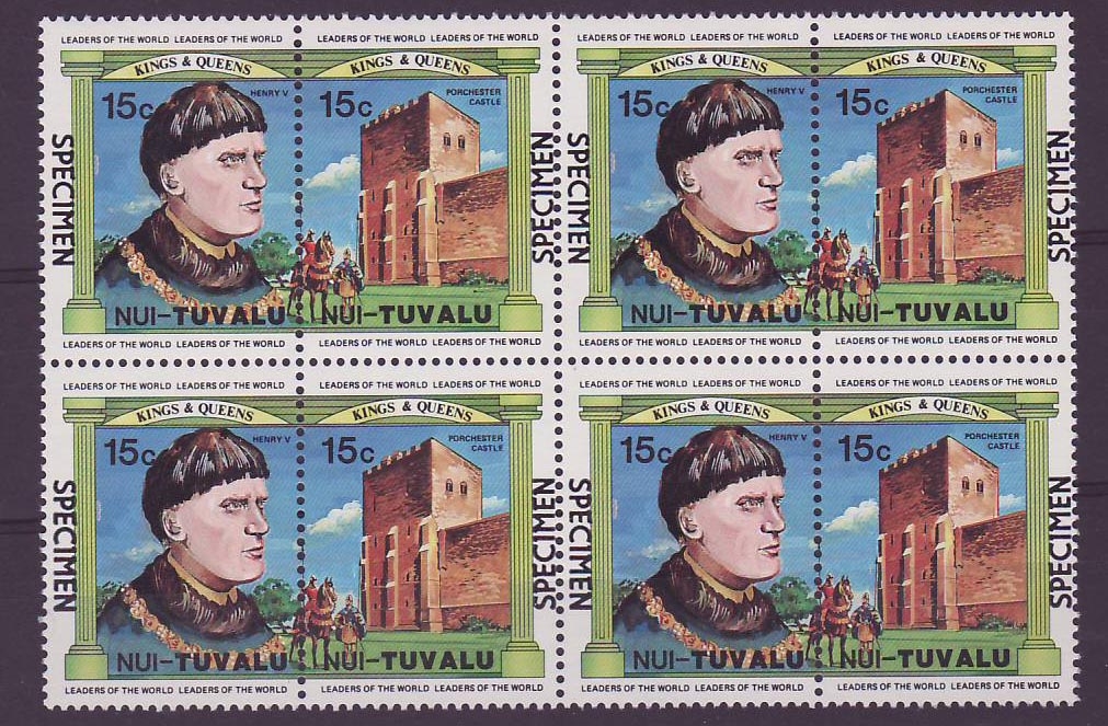 Nui Tuvalu 15c Henry V Porchester Castle ** Luxe Surcharge Specimen Bloc de 4