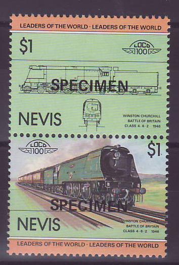 Nevis 1$ Train Winston Churchill 4-6-2 1946 Surcharge Specimen ** Luxe