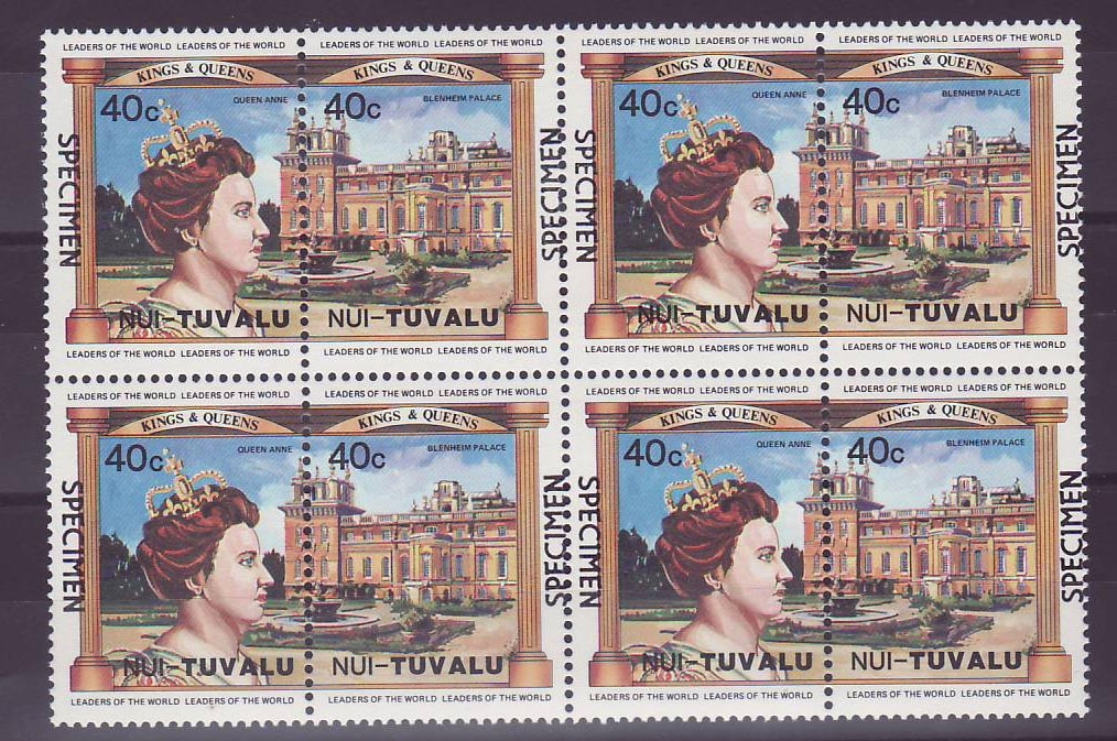 Nui Tuvalu 40c Queen Anne Blenheim ** Luxe Surcharge Specimen Bloc de 4