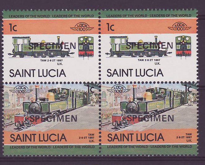Saint Lucia 1c Train TAW 2-6-2T 1897 UK Surcharge SPECIMEN ** Luxe Bloc de 4